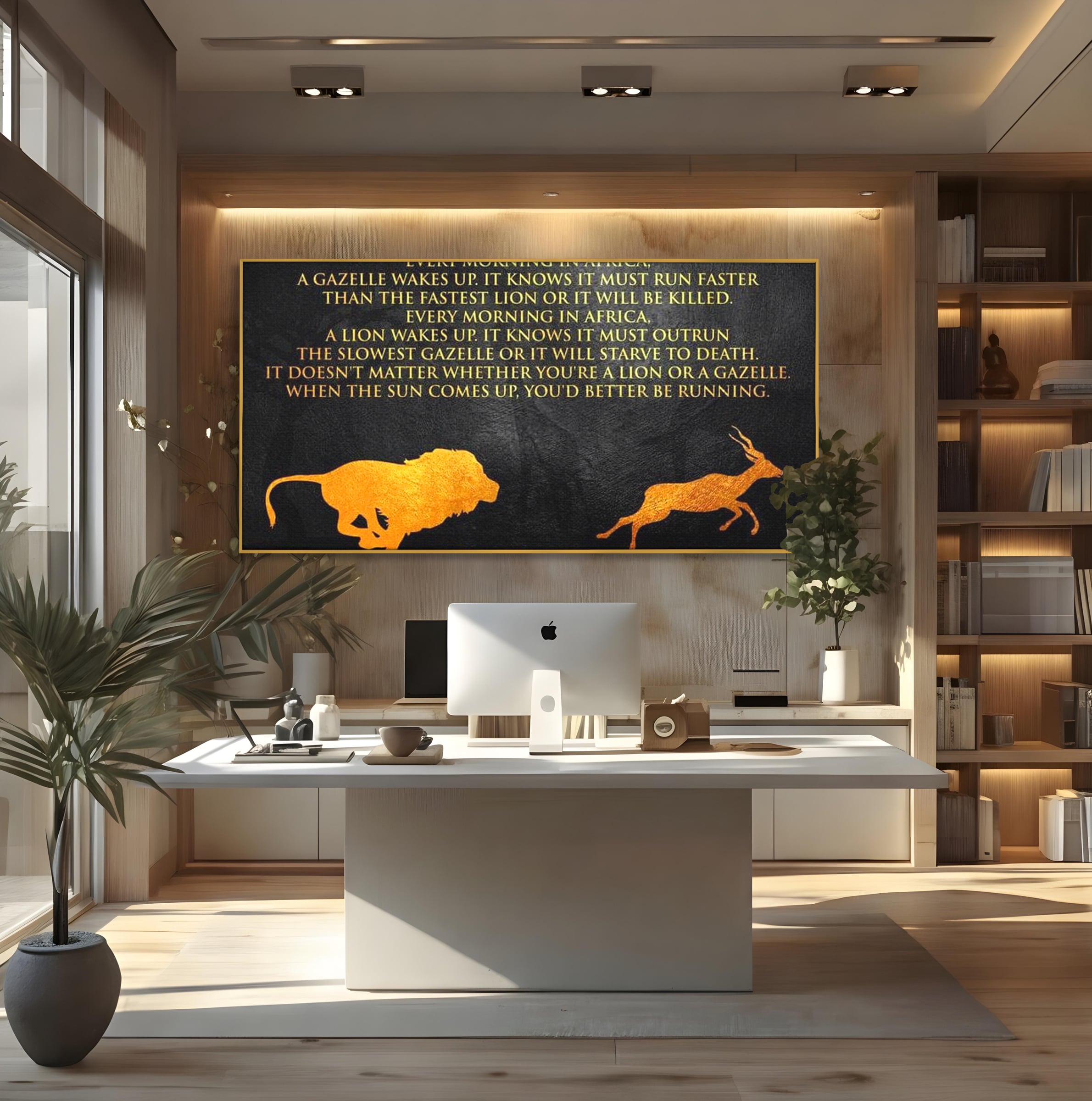 Tablou canvas cu tablou motivational cu leu si gazela, in rama de aluminiu auriu, pe perete intr-un birou
